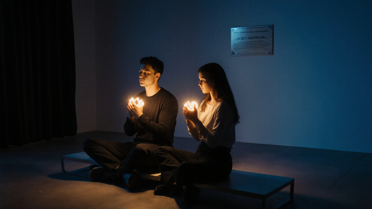 Pár po masáži s líbáním relaxuje v moderním studiu, obklopený jemným světlem.