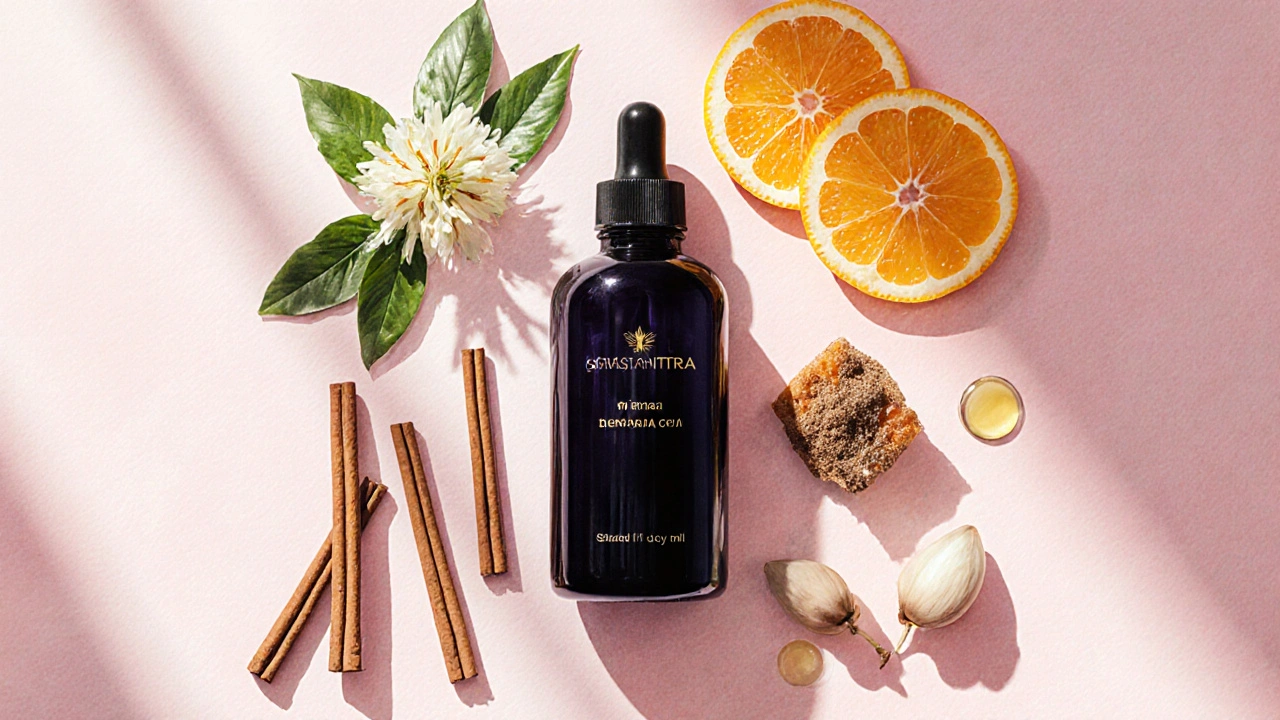 Rozložení květin ylang‑ylang, skořice, citrusů, mimózy a benzoe kolem temné láhve oleje.