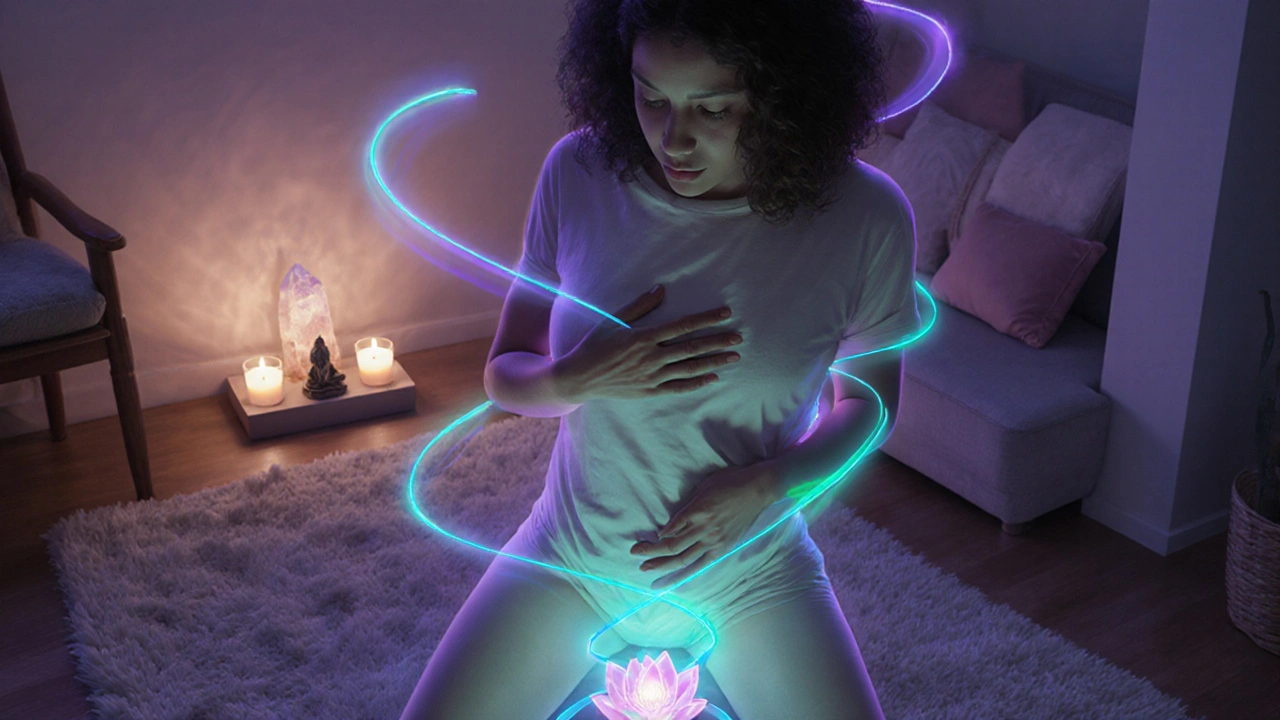 Žena doma provádí rituál s rukou na břiše, okolo ní pulzuje energetická aura.