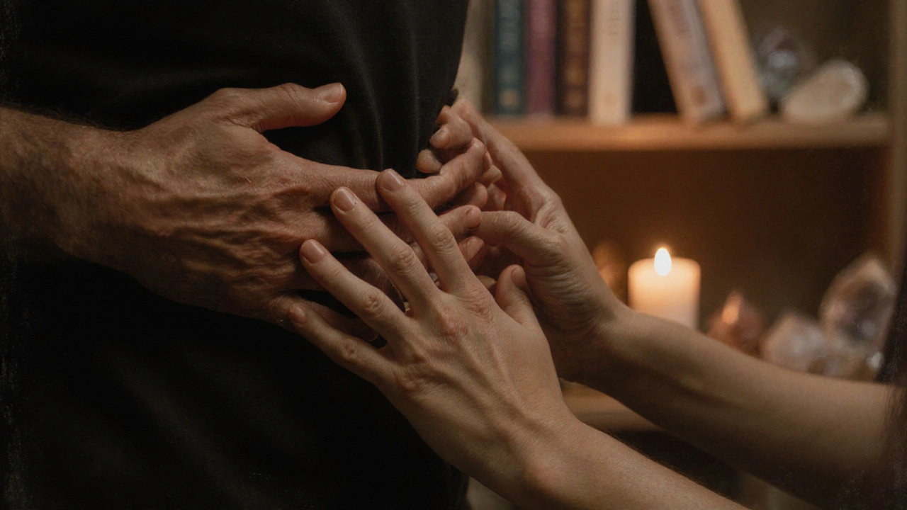 Dvě ruce — jedna muže, jedna ženy — se dotýkají v úctě plném okamžiku, světlo z svíčky osvětluje kůži.