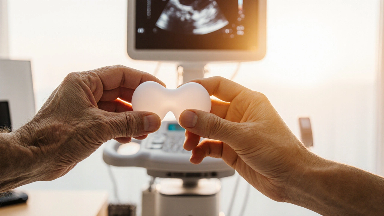 Dvě ruce – starší a mladší – jemně drží měkký prostatický masážní nástroj, symbolizující péči a přizpůsobení.