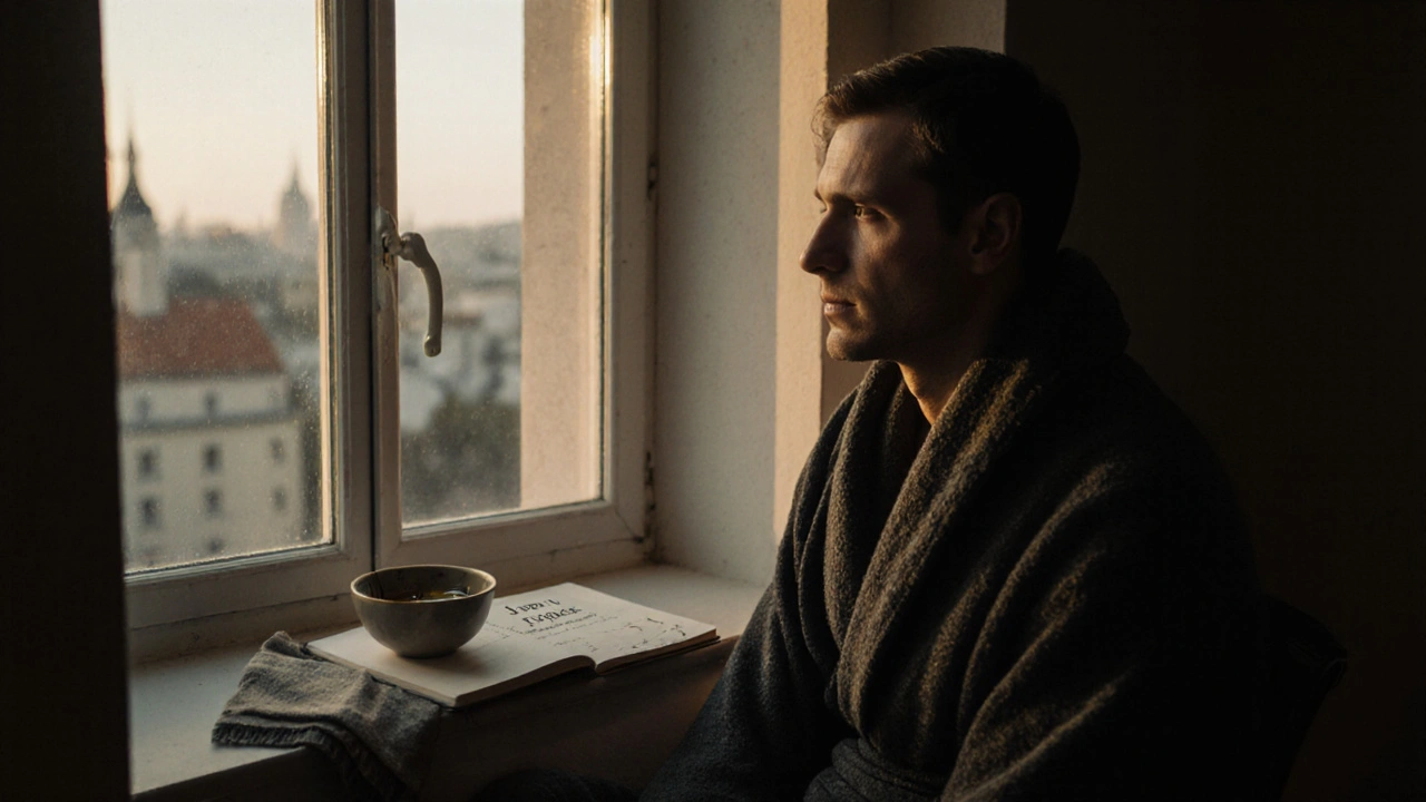 Muž sedí u okna v ranním světle, v klidu, s náznakem slz a otevřeného deníku s textem &#039;Jsem v pořádku&#039;.