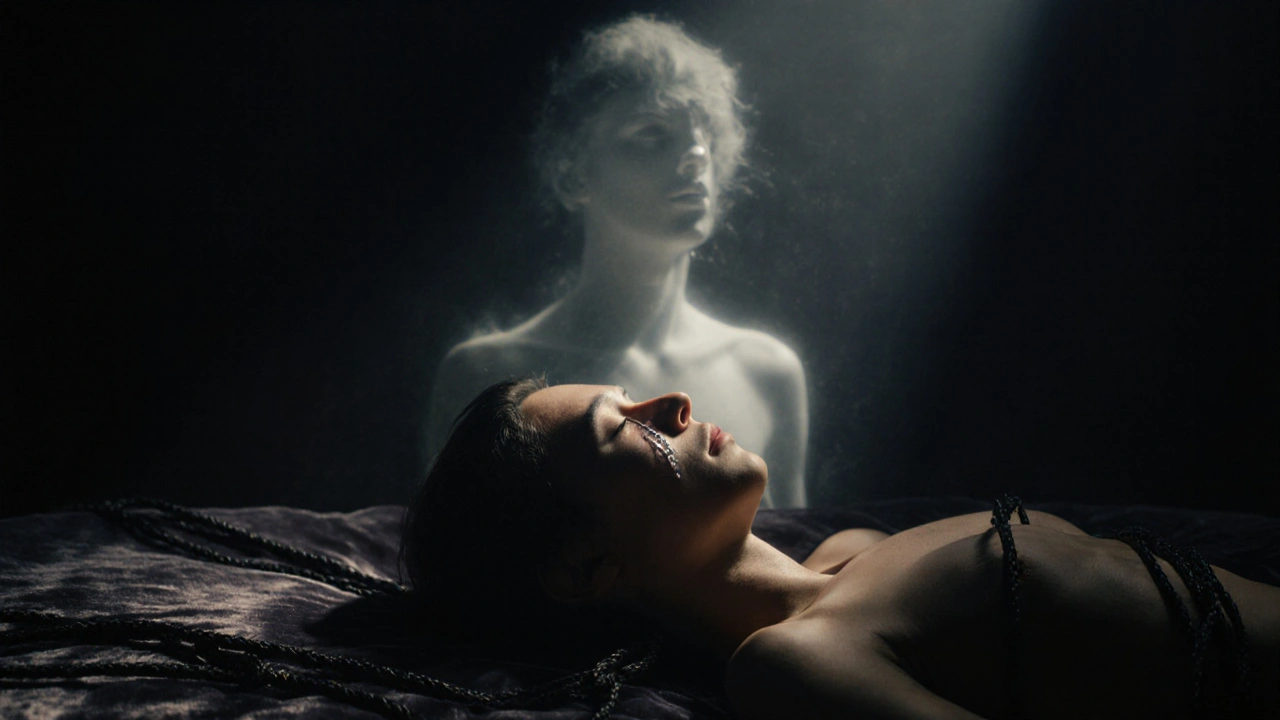 Osoba vázaná v shibari, s slzou na tváři, v měsíčním světle, s průhlednou siluetou v pozadí.