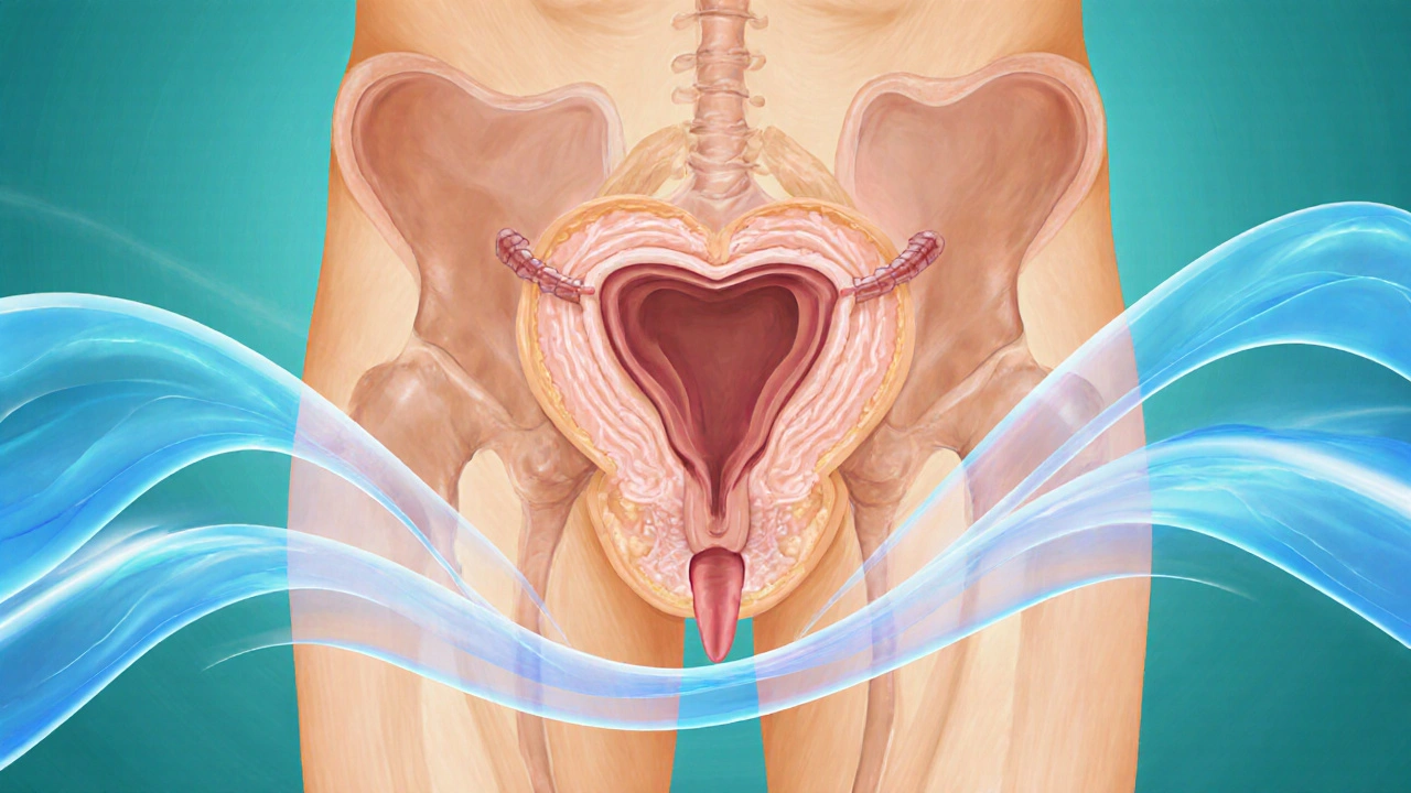 Přehled prostaty u staršího muže s jemnými krouživými pohyby masáže a tenkou sliznicí, bez rizikových tlaků.