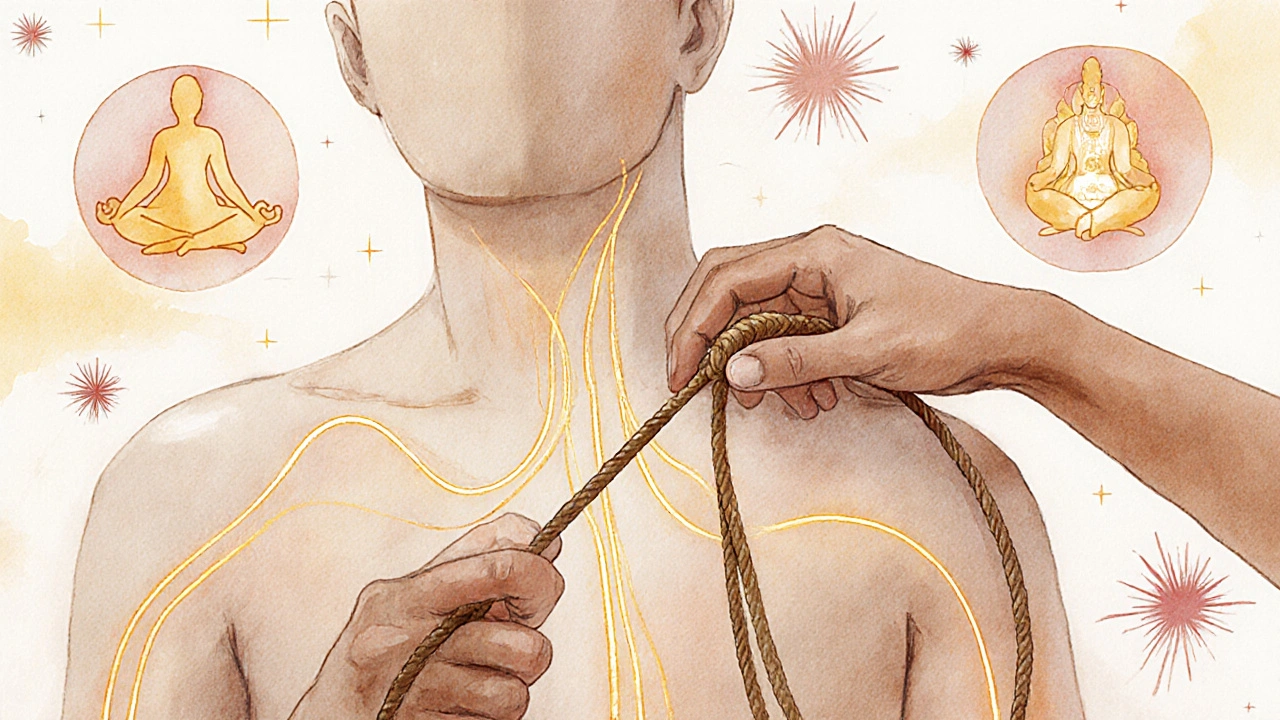 Ruce interagují s šňůrou a tělem, s energií proudící po těle v zlatých čarách.