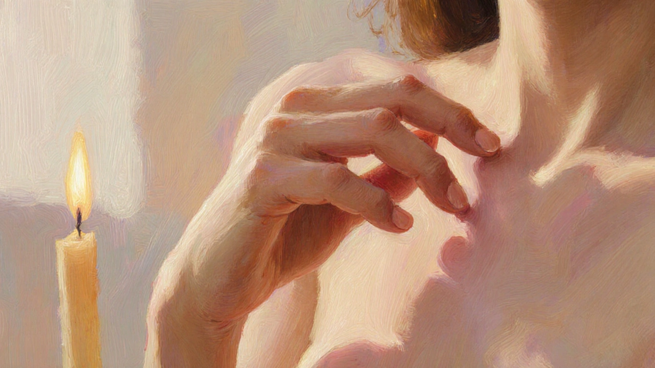 Ruka pomalu dotýká vnějších částí pochvy jen povrchně, bez stimulace.