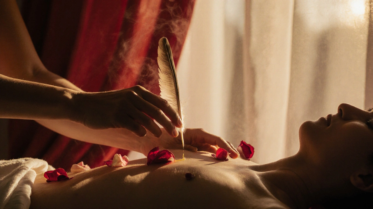 Ruky předávají teplý olej a peří k břichu, zatímco druhá ruka klidně leží na hrudníku.