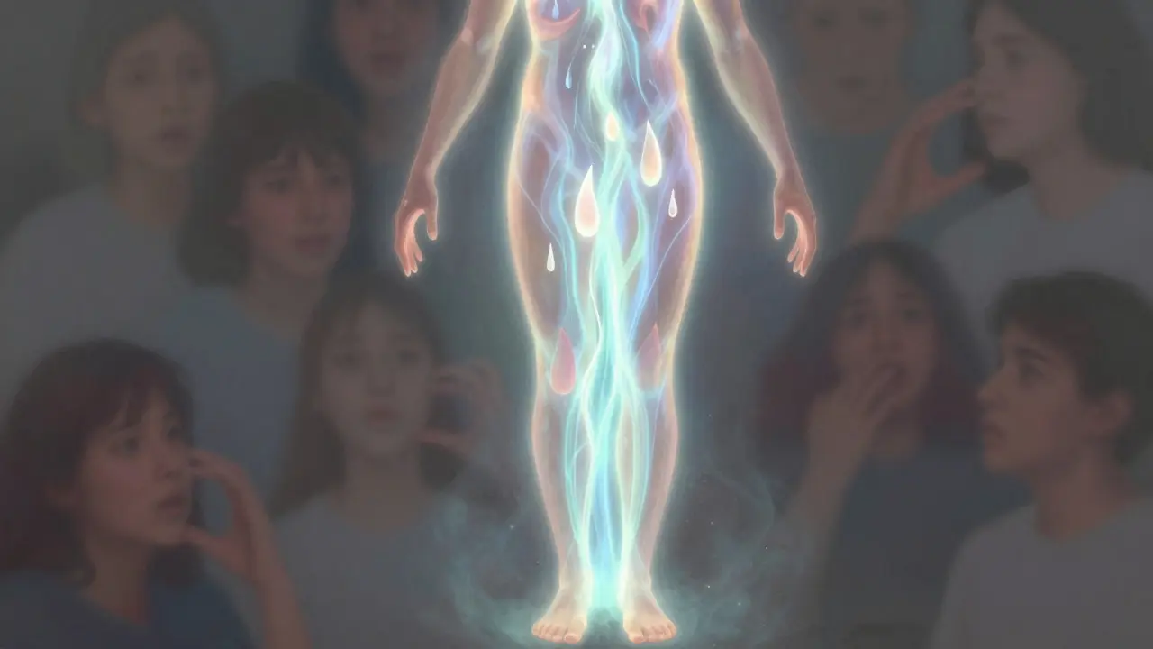 Abstraktní proud energie tekoucí tělem, symbolizující uvolnění strachu a obnovu života.