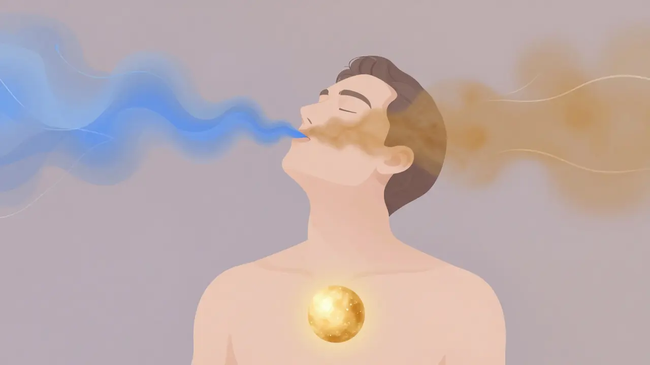 Člověk dýchá technikou 4-7-8, dech znázorněn jako vlny a zlatá koule v hrudi.