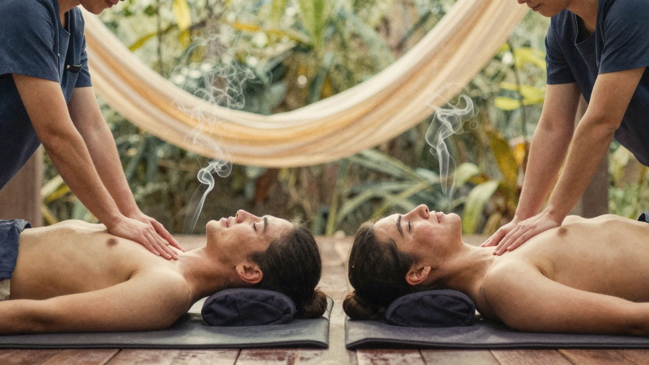 Dva klienti leží vedle sebe a dostávají individuální tantrickou masáž, klidná přírodní atmosféra, hluboký oddech.