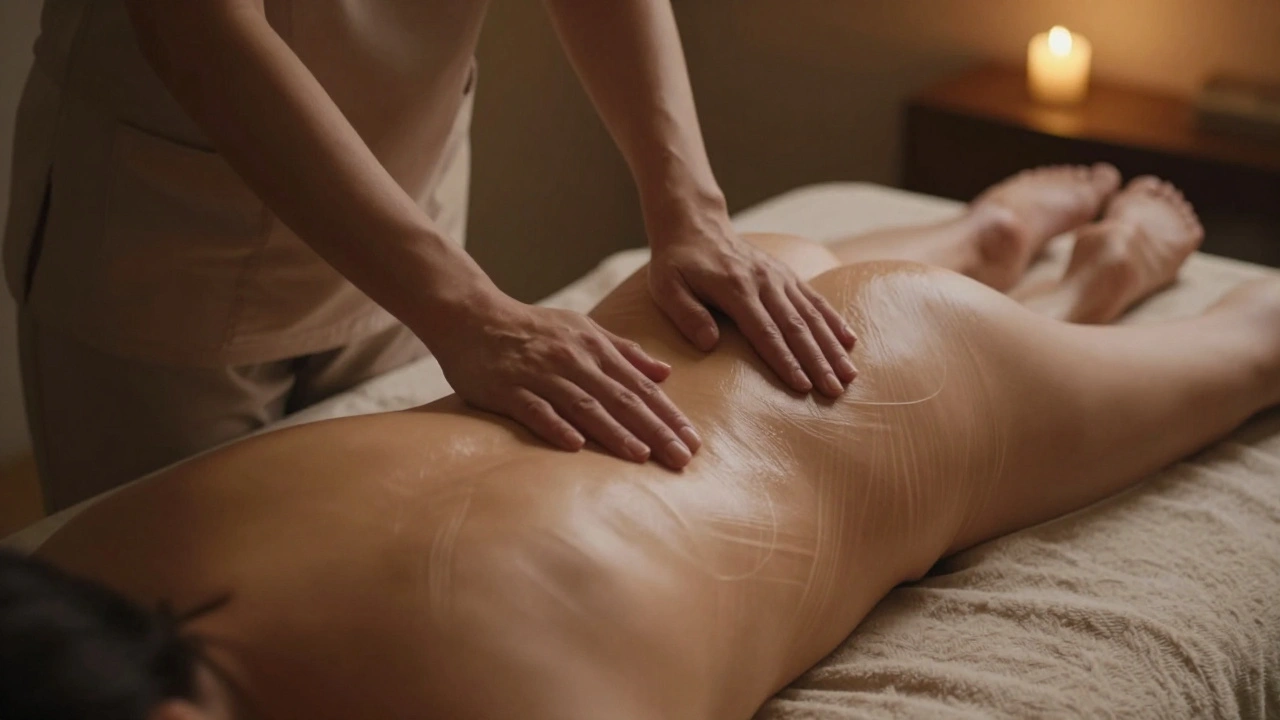 Masérka provádí pomalý, řízený dotek po páteři s jasným rytmem 3-2-1, teplé osvětlení, bez sexuálních prvků.