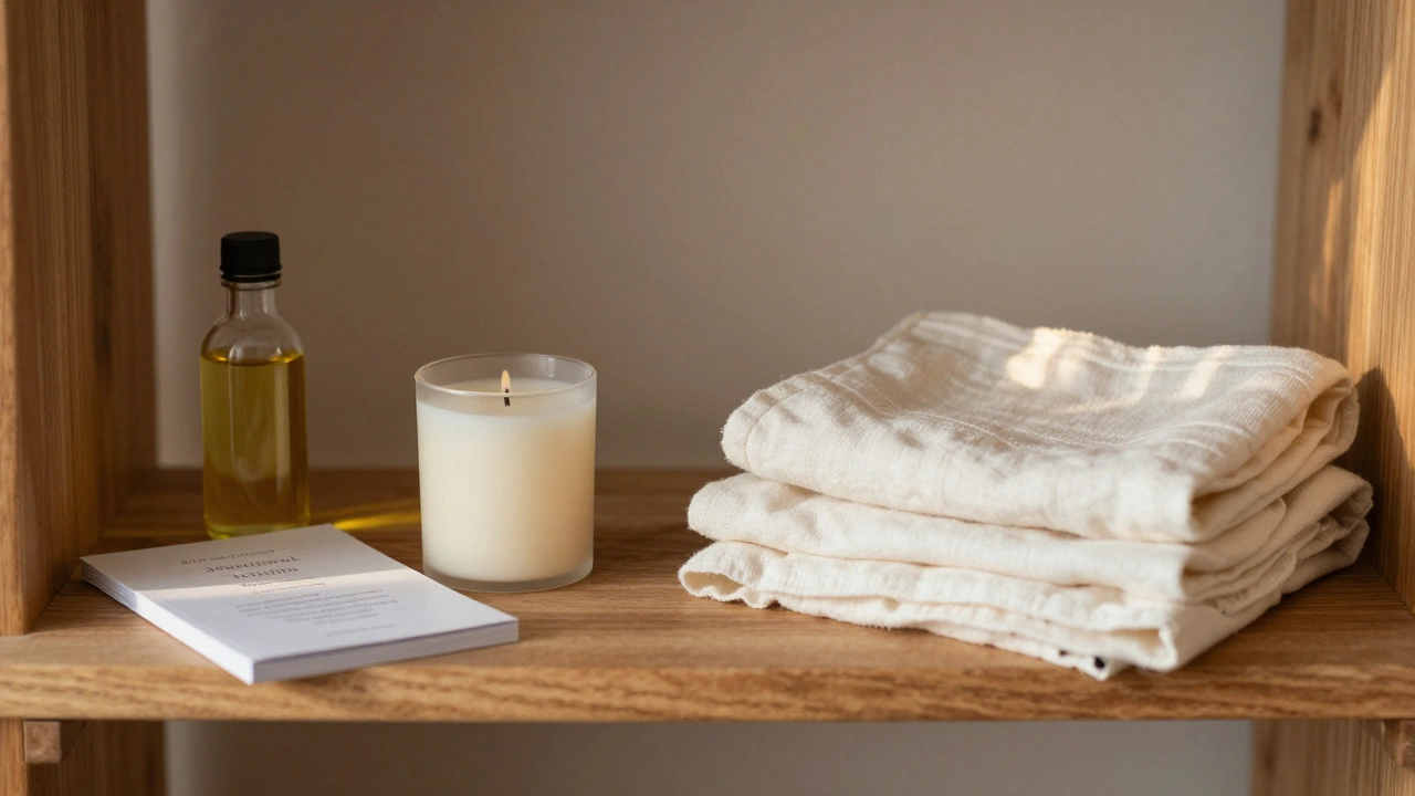 Minimální startovací sada pro tantrickou masáž: olej, svíčka a sarong na dřevěné poličce.