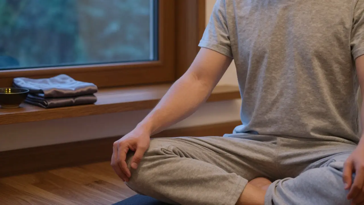 Muž medituje po masáži, ruka na břiše, klidně dýchá ve třetí hodině večera.