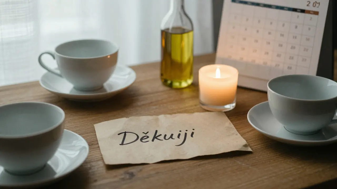 Poznámka 'Děkuji' na dřevěné desce s olejem a kalendářem s označenými sezeními.