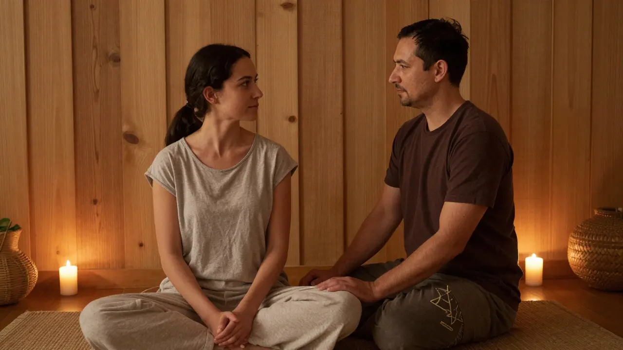 Praktikant a klient si hovoří v klidu, bez doteku, v tichém, příjemném prostředí.