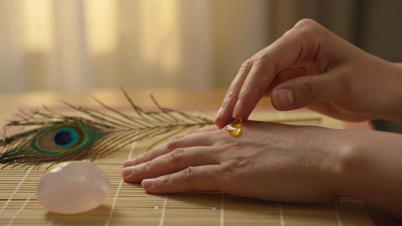 Ruce dotýkající se kůže s kapkou oleje, peří a křišťálovou tyčí na tkanině.