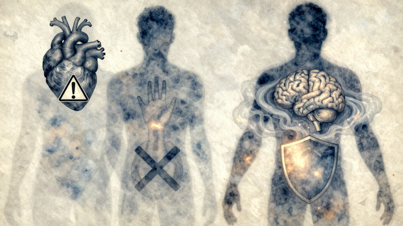 Symbolická silueta těla s varovnými značkami na srdci, břiše, mozku a pánvi, vodové barvy.