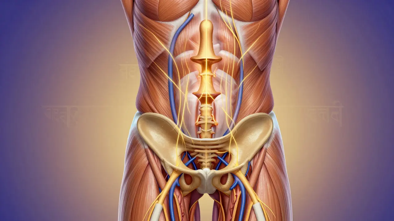 Ukázka spojení pánevního dna a energie v těle, s vlnami zlata proudícími od mužského orgánu k páteři.