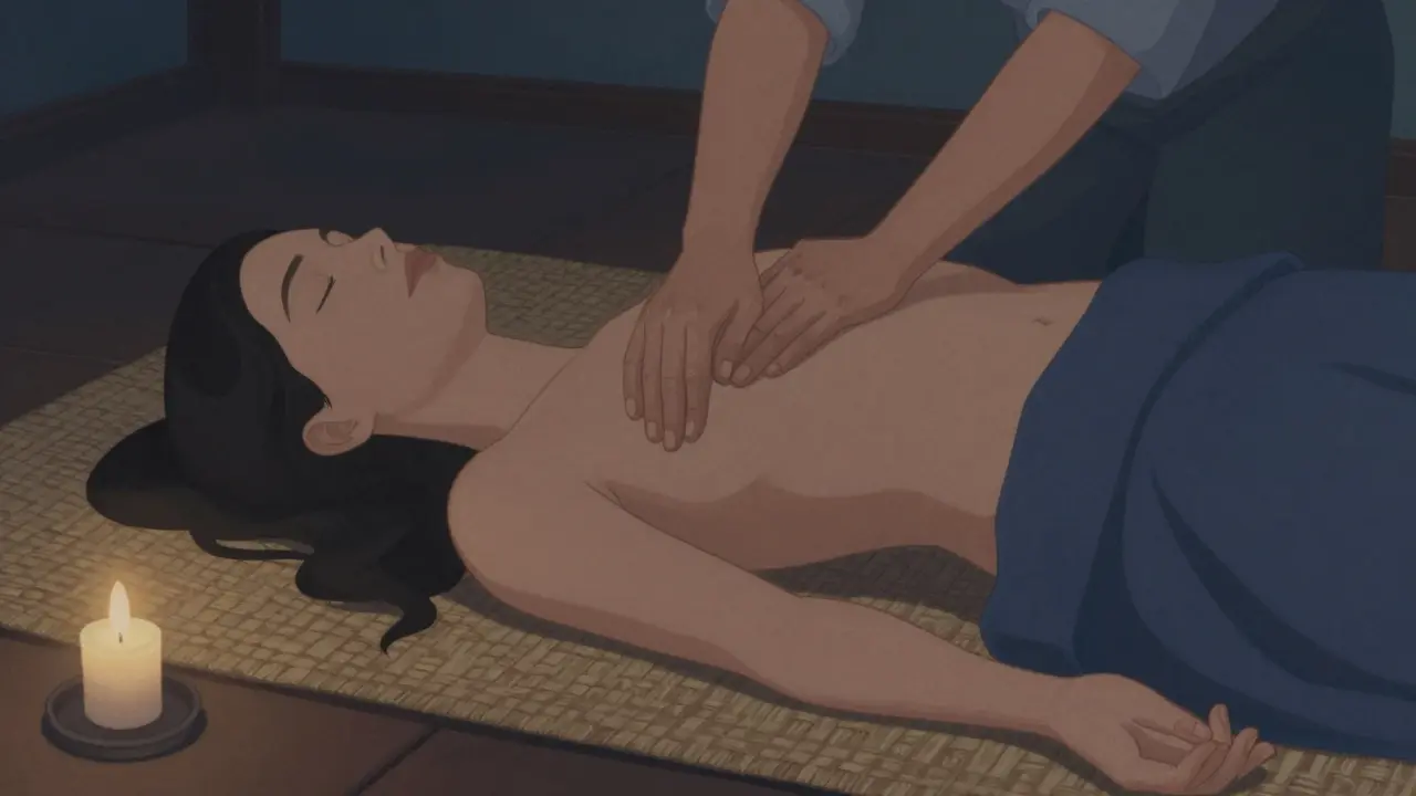 Žena v klidu během yoni masáže, ruce klidně na těle, jemné světlo a látky.