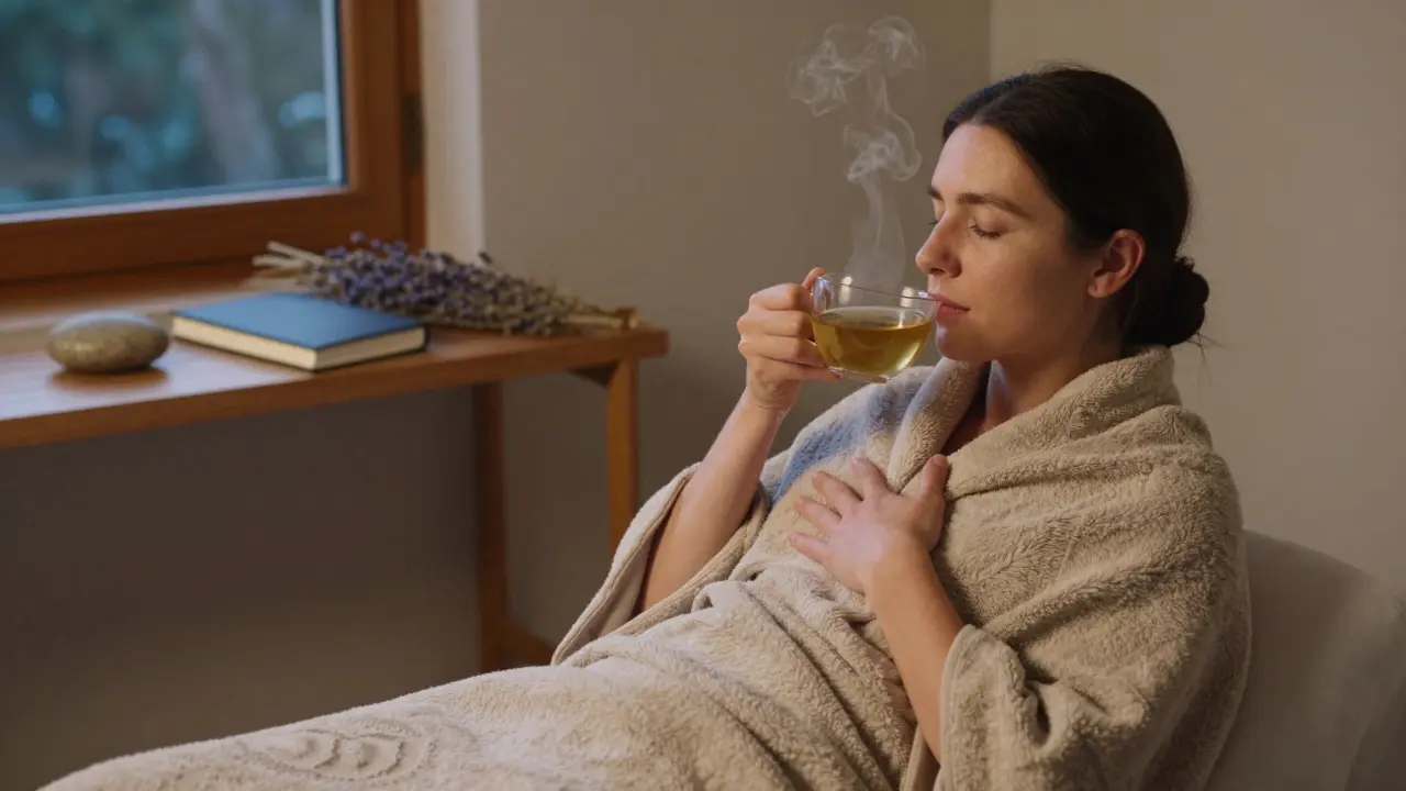 Client wrapped in blanket sipping tea in silence after a tantric massage, surrounded by calming natural objects.