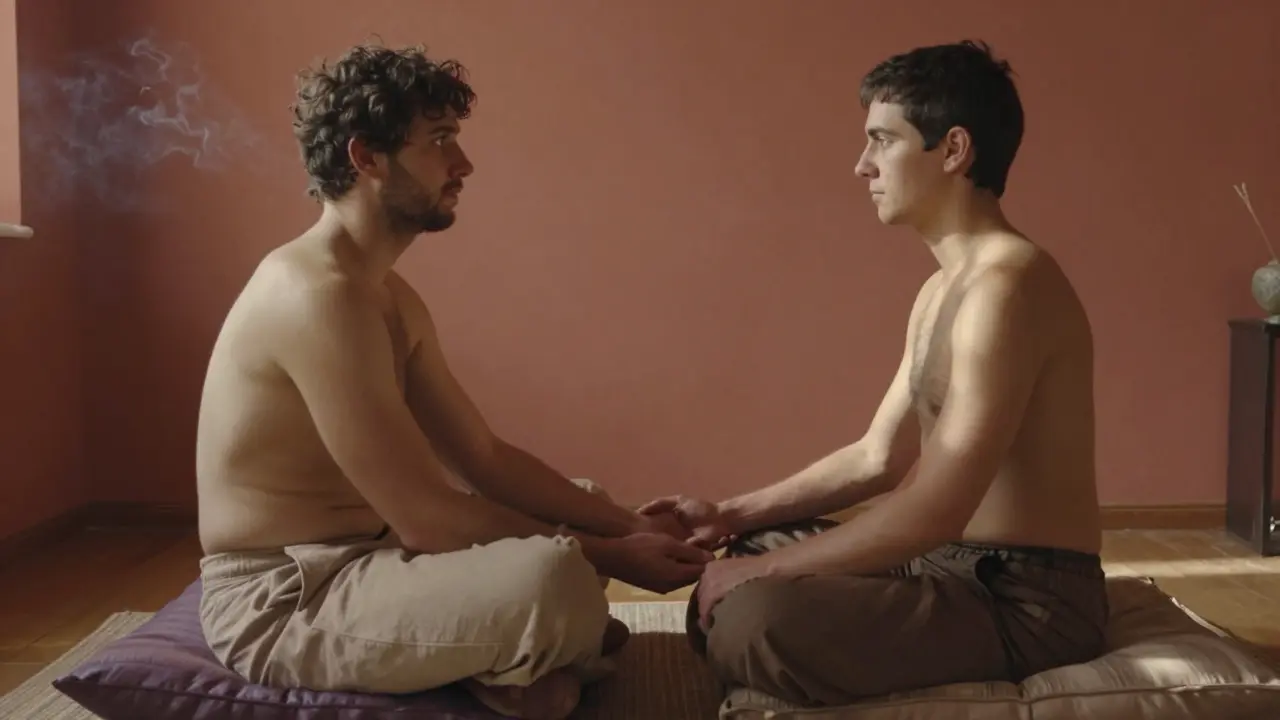 Dva partneři se dotýkají paží v klidné, intimitní atmosféře bez sexuálního cíle.