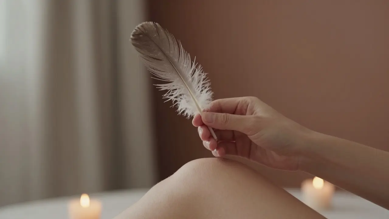 Hand holding velvet and ostrich feather hovering above skin, emphasizing delicate touch.