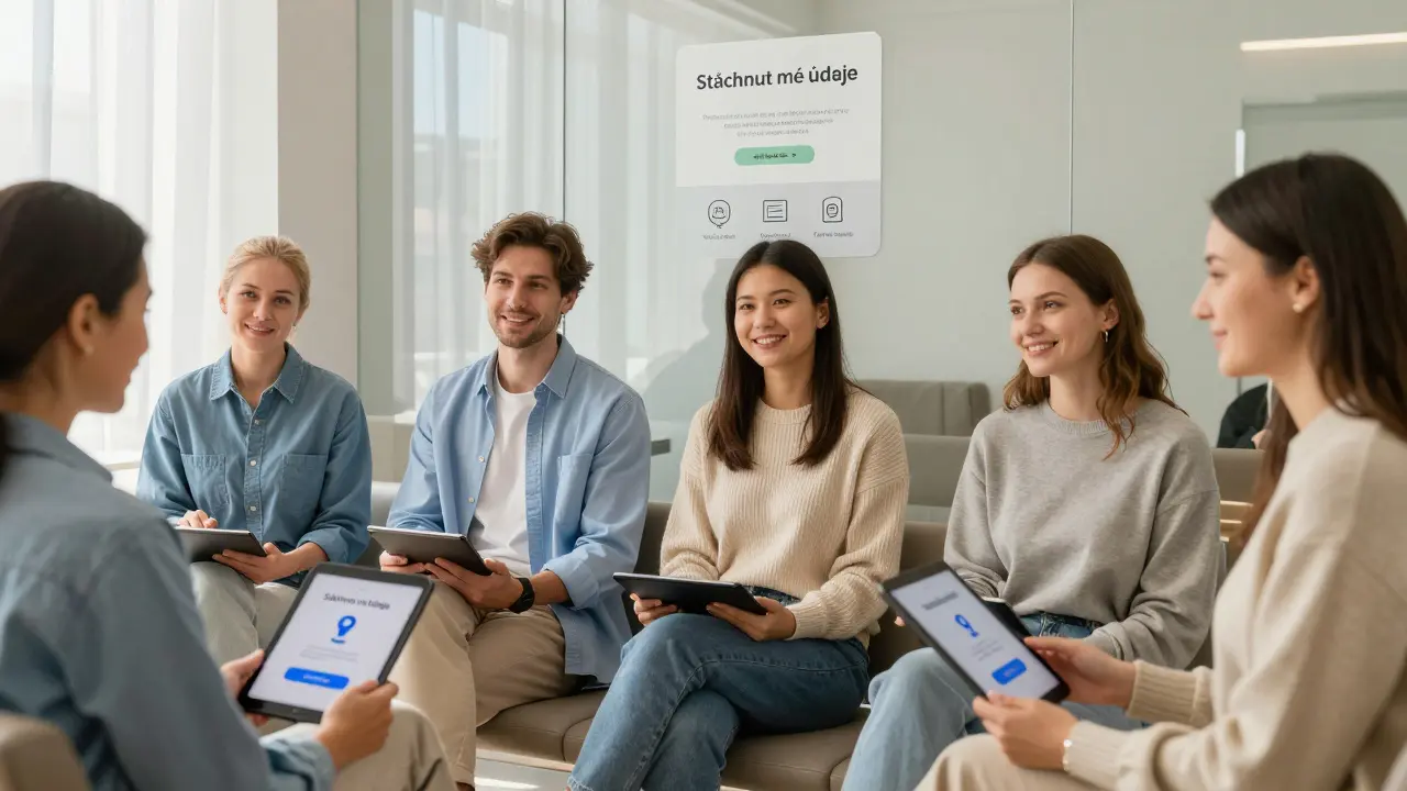 Klienti si stahují své údaje z tabletu při jasné GDPR notifikaci na zdi.