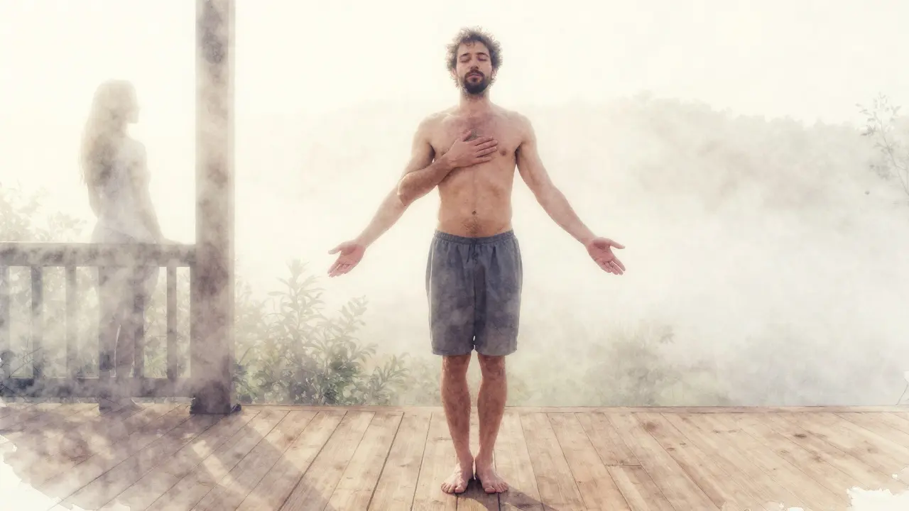Muž stojí v ranní mlze, ruce na těle, zažívá moment přítomnosti a vnitřního spojení.