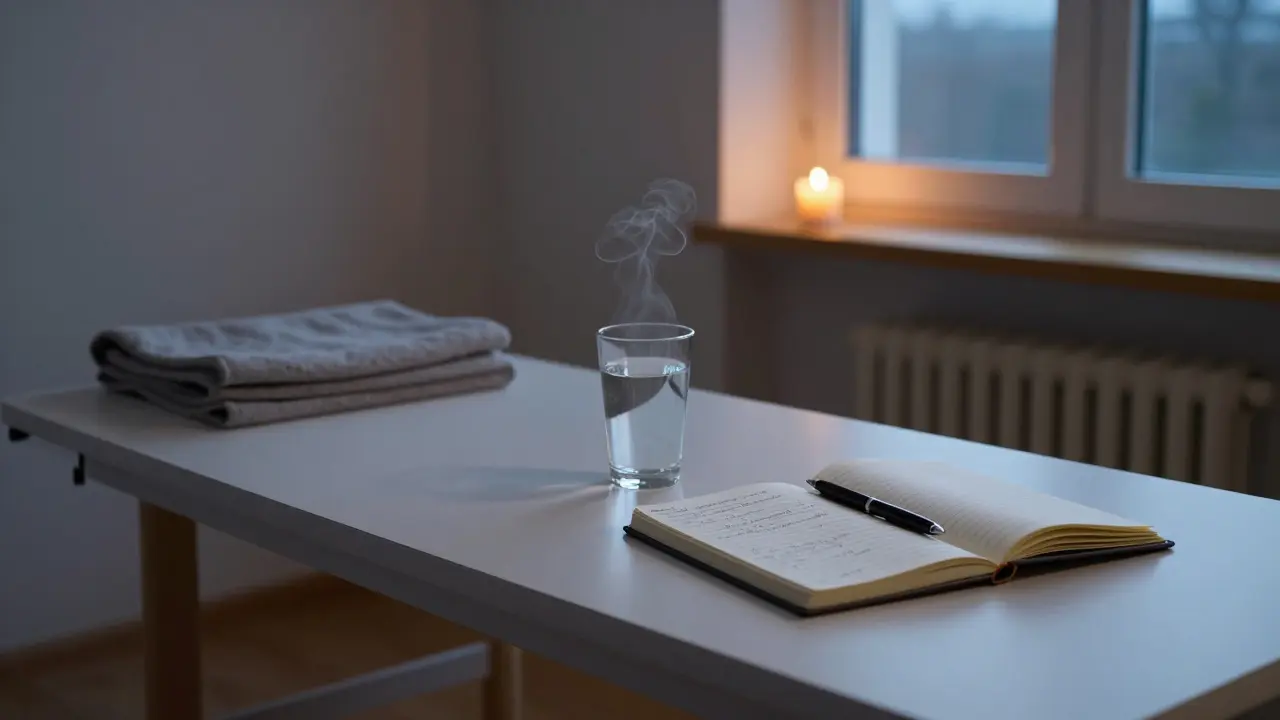 Prázdná terapeutická místnost po sezení s přehozenou dekou a rozloženým sešitem.