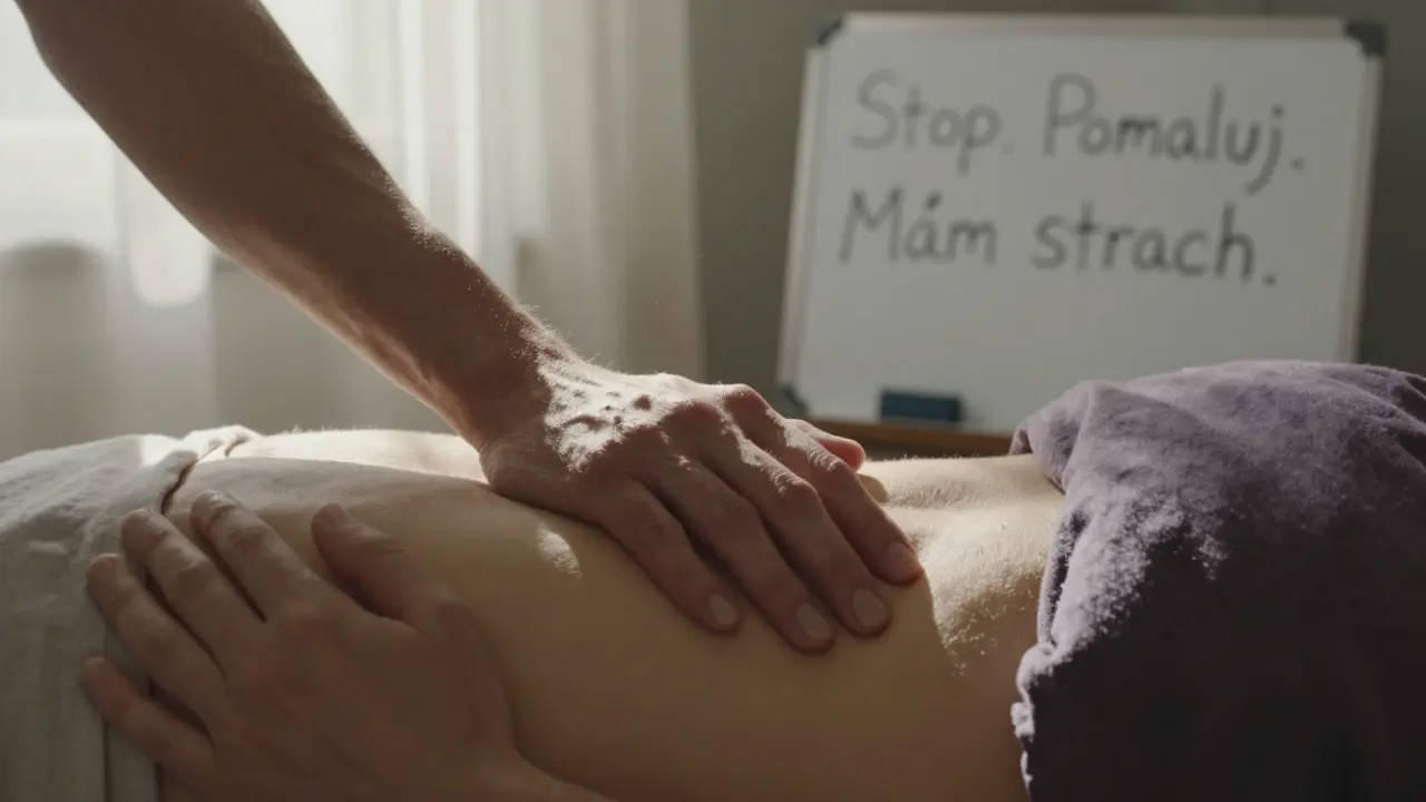 Ruce terapeuty jemně dotýkají zády klienta v tichém, osvětleném prostředí.