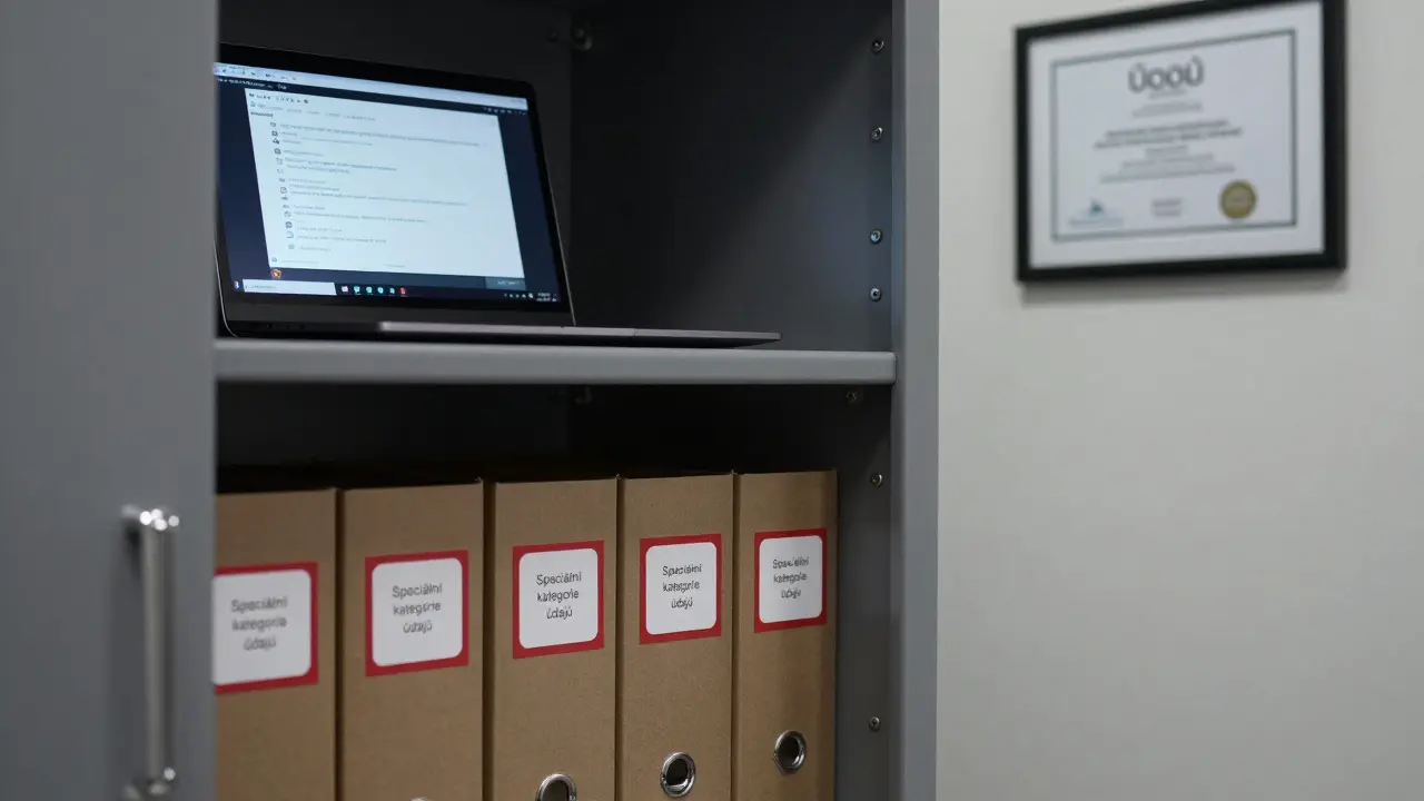 Zamykatelná skříň s citlivými dokumenty a šifrovaným počítačem v wellness prostředí.