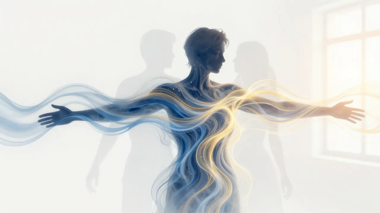 Abstraktní obrázek těla vyzařujícího světlo, symbolizující uvolnění emocí a obnovu.