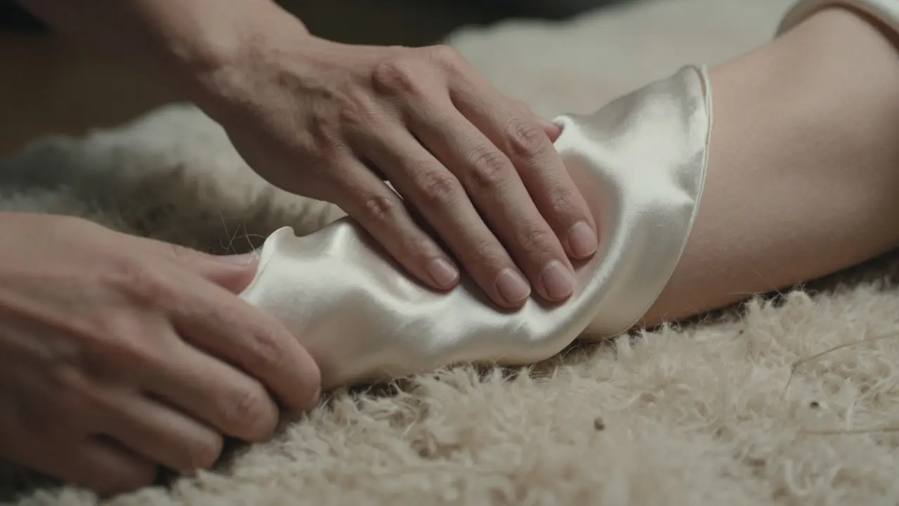 Detail ruky, která pomalu přejíždí hedvábný šátek po paži, zatímco se ruka opírá o kožešinu.