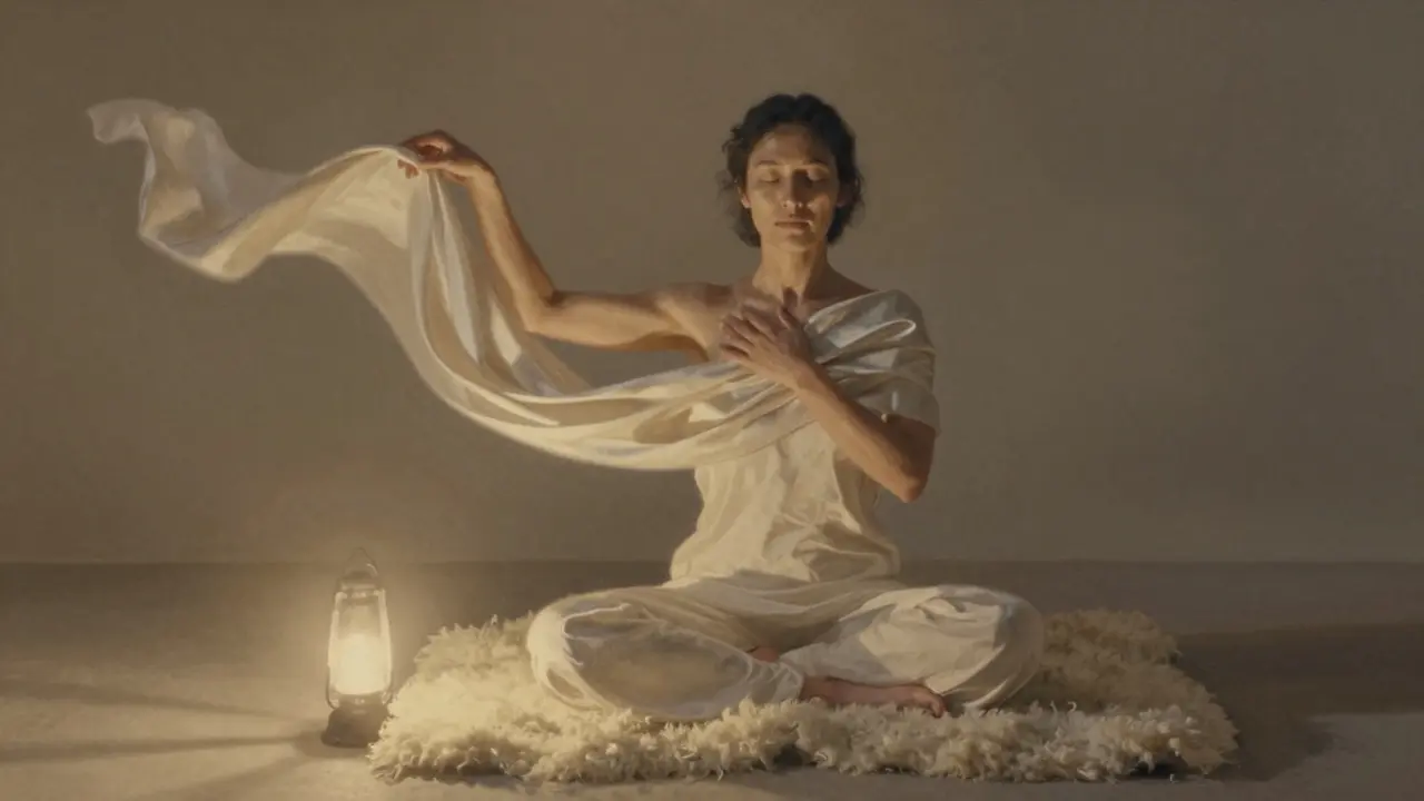 Osoba meditující na kožešině, jemně přejíždějící hedvábný šátek po vlastním těle v tichém prostředí.