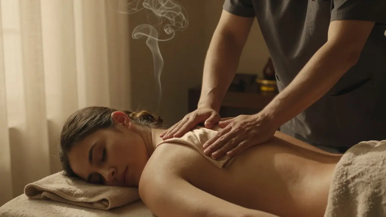 Profesionální masér vede partnera, jak jemně masíruje záda druhého s teplým olejem a hedvábnou látkou.