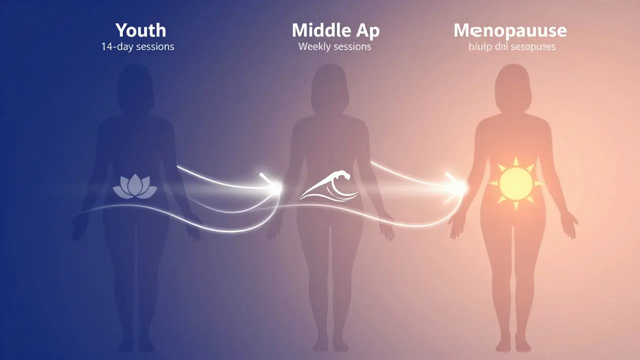 Silueta ženy s třemi fázemi frekvence yoni masáže — vývoj od mládí přes střední věk k menopauze.