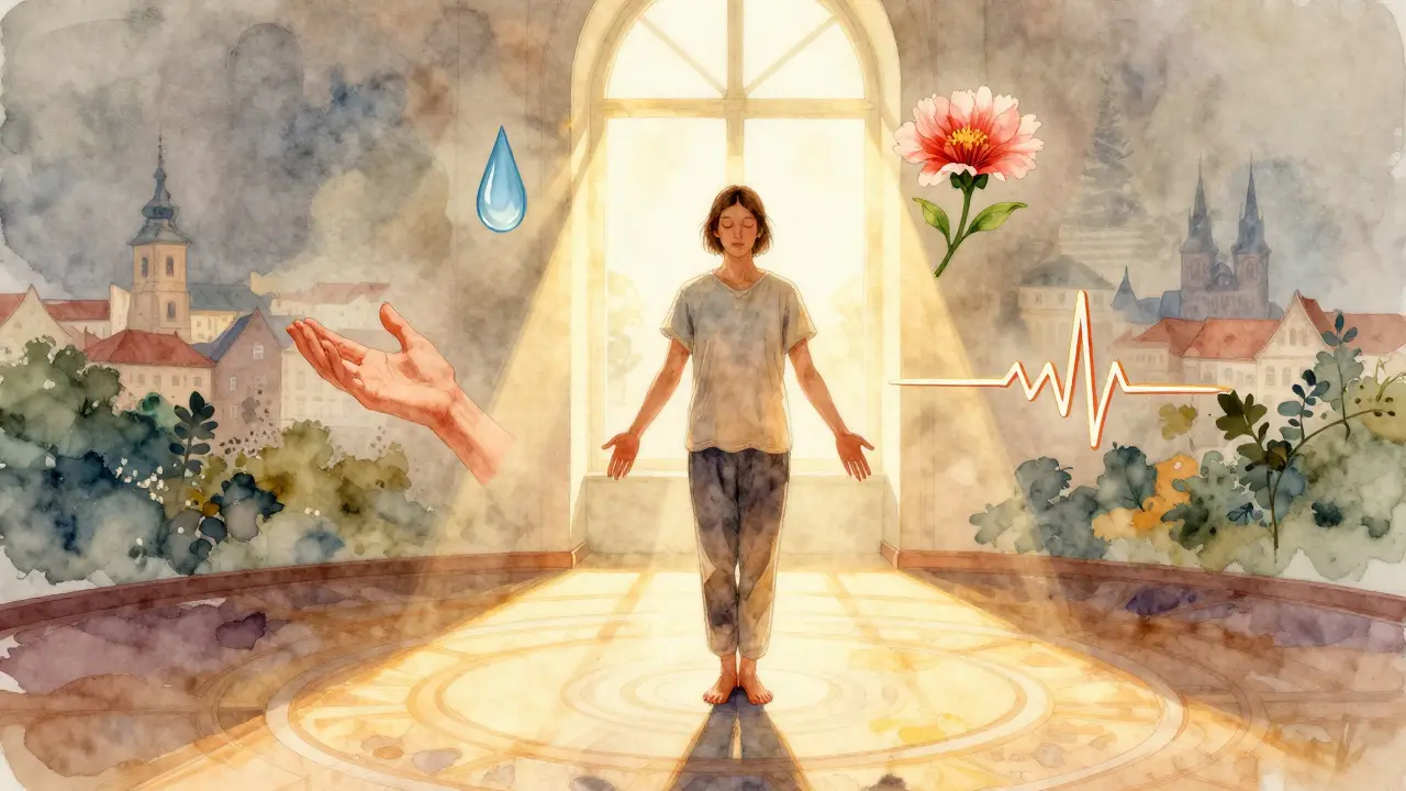 Symbolická vodová barva scéna s osobou uprostřed kruhu, kolem níž plavou prvky emocionálního uvolnění — slza, dech, ruka, tep.