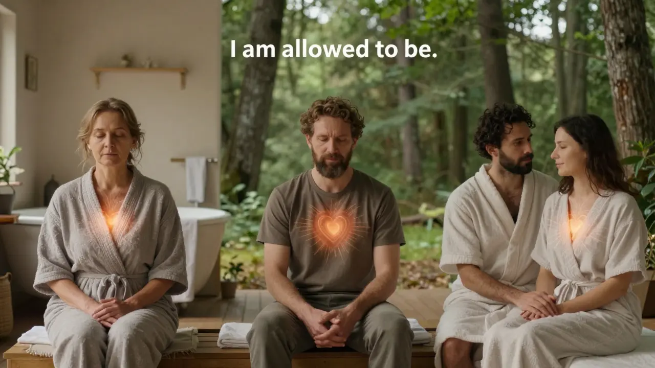 Tři různí Češi v klidných prostředích — doma, ve spa, v přírodě — každý v klidu, s jemným světlem vycházejícím z jejich srdcí.