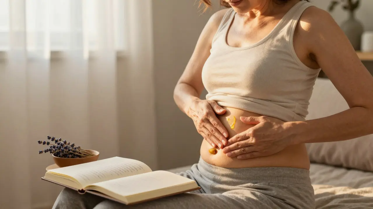 Žena doma jemně masíruje břicho s teplým olejem v klidném ranním světle, v pozadí kniha a bylinky.