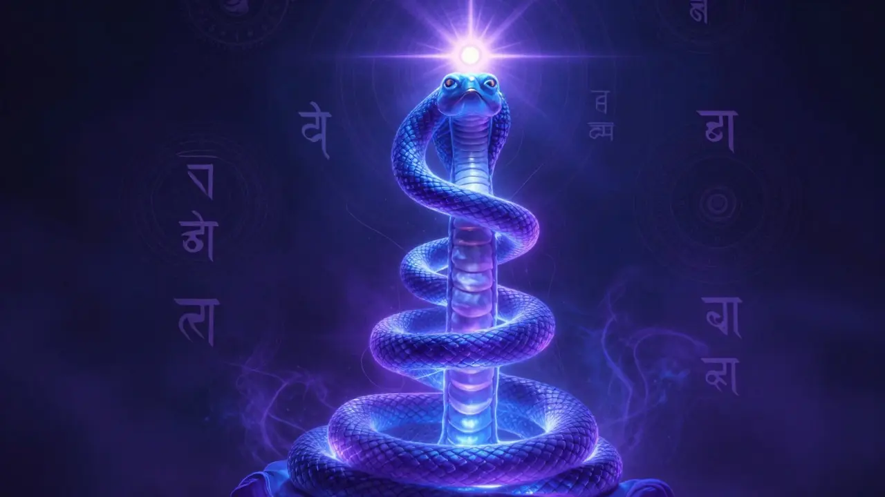 Energetická hadí síla kundaliní stoupá po páteři k třetímu oku.