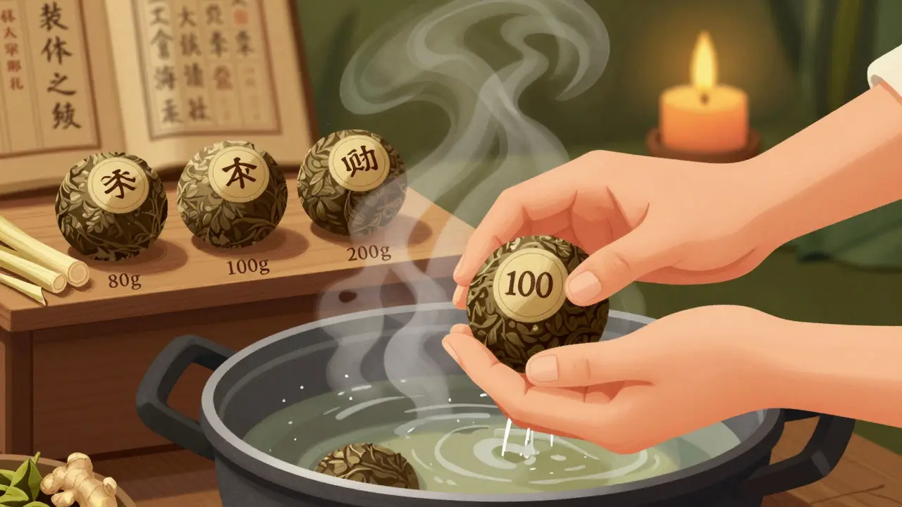 Ruce s bylinkovou koulí v parní lázni, na pozadí různé velikosti koulí a byliny.