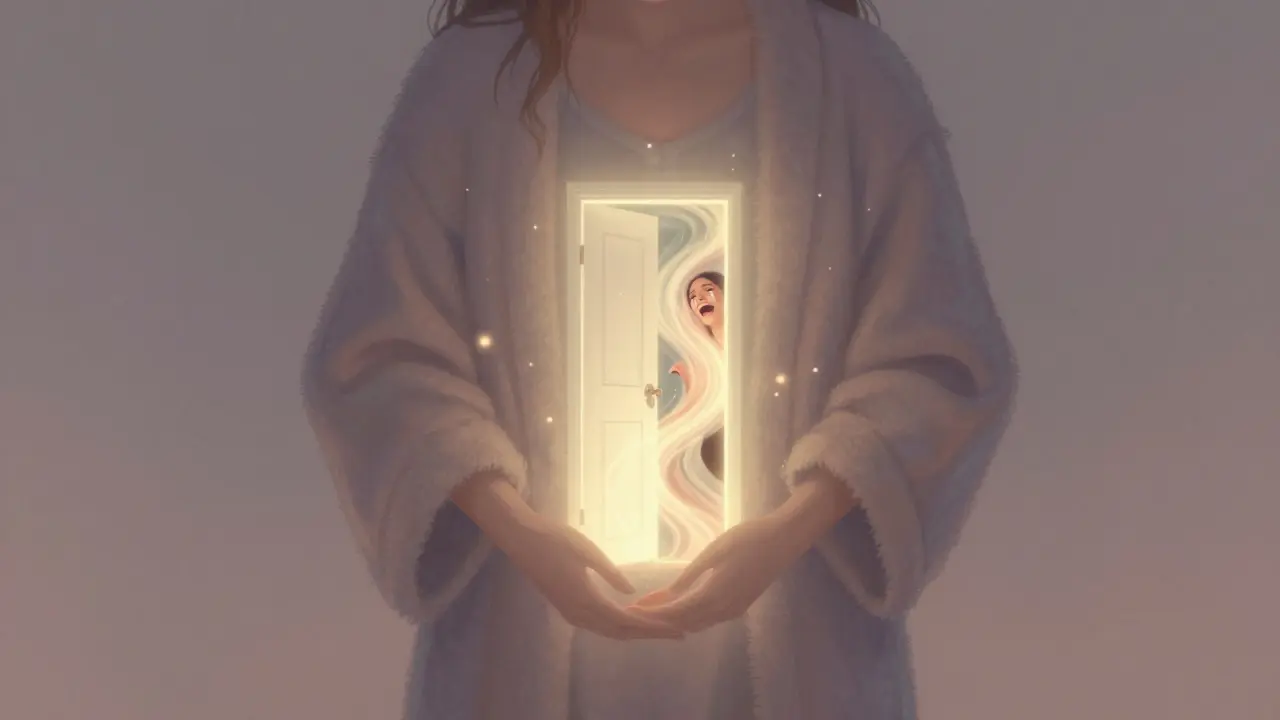 Světlá brána v břiše ženy se pomalu otevírá, z ní vytékají emoce jako slzy, smích a světlo.