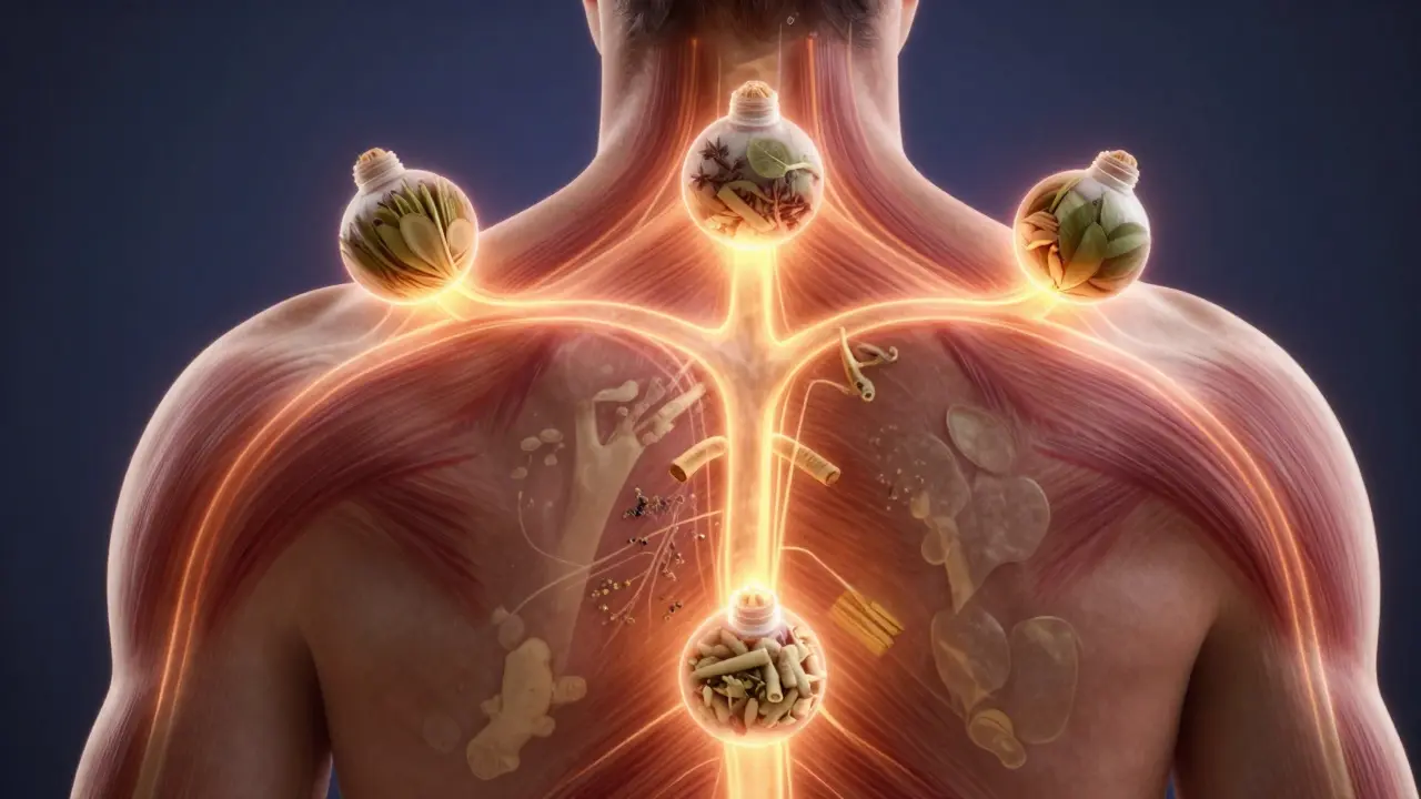 Tělo s vyzařujícími světelnými cestami od bylinkových koulí, symbolizujícími prokrvení.