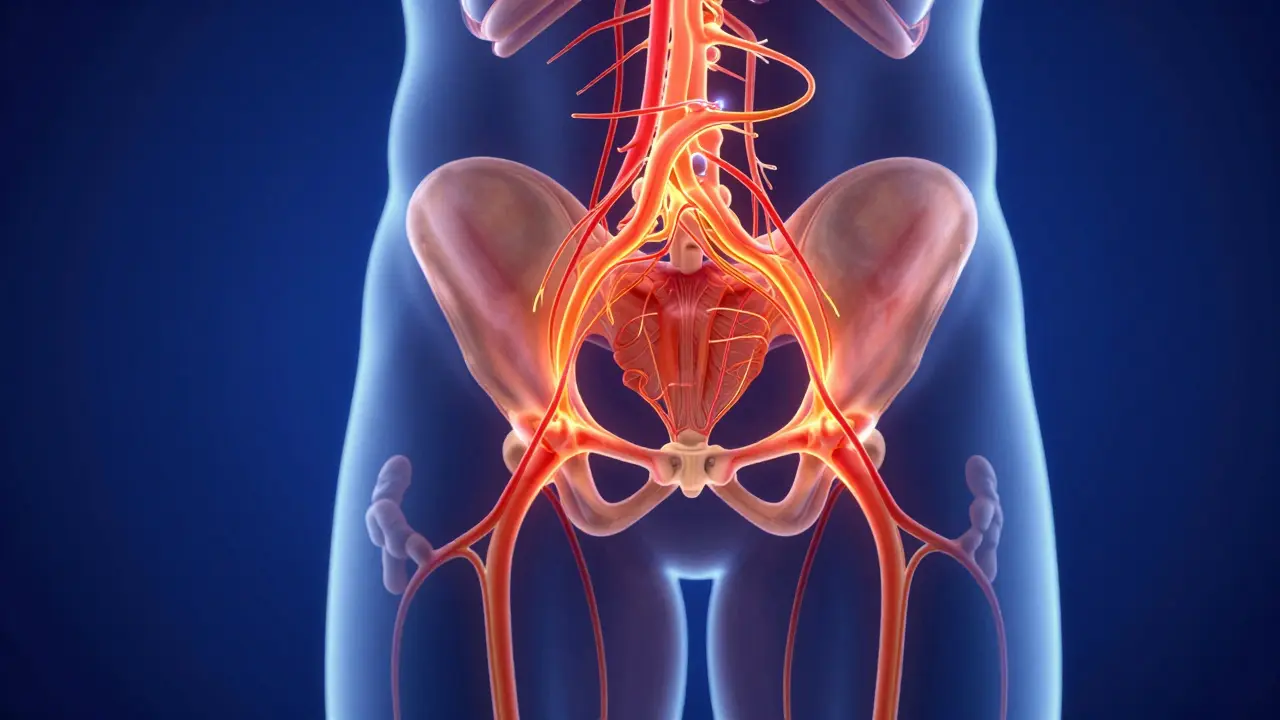 Abstraktní znázornění zvýšeného průtoku krve a energie v oblasti pánve.