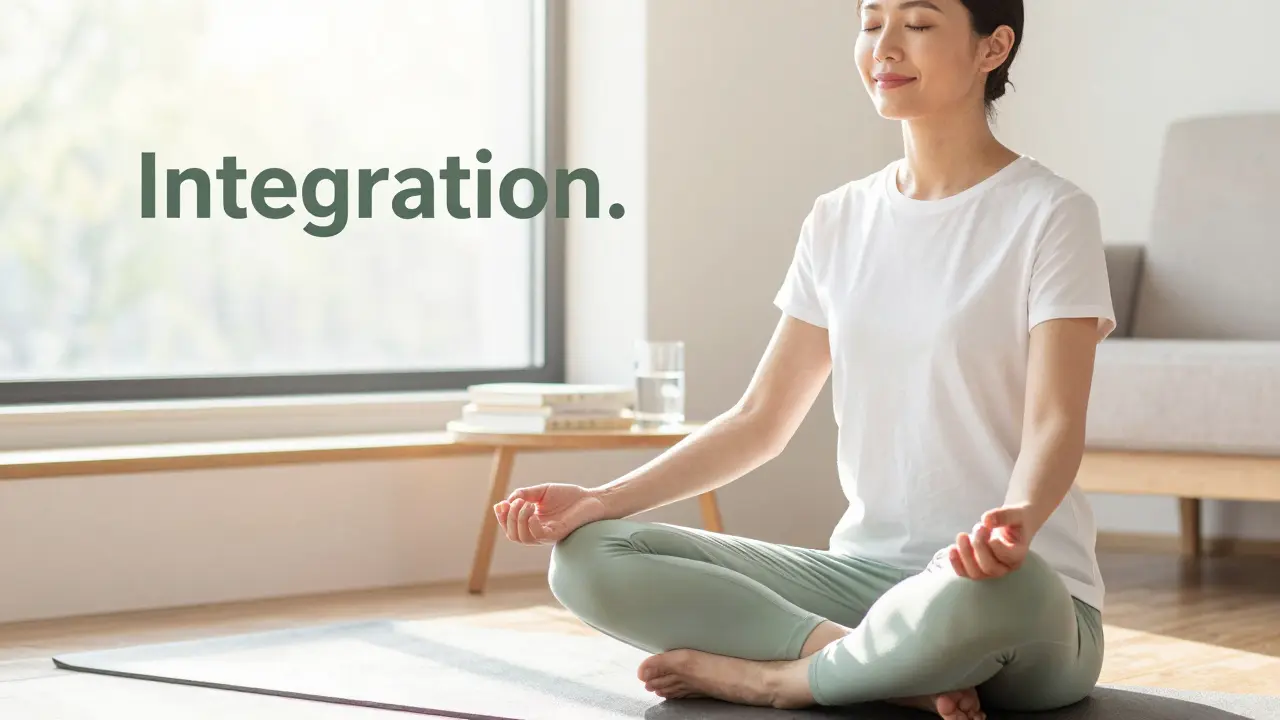 Člověk v domácím prostředí praktikuje dýchání pro integraci vnitřního klidu do běžného života.