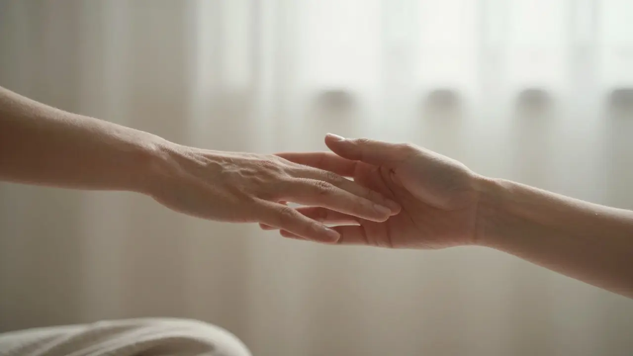 Detail dvou rukou v jemném, vědomém dotyku v uklidňujícím prostředí.