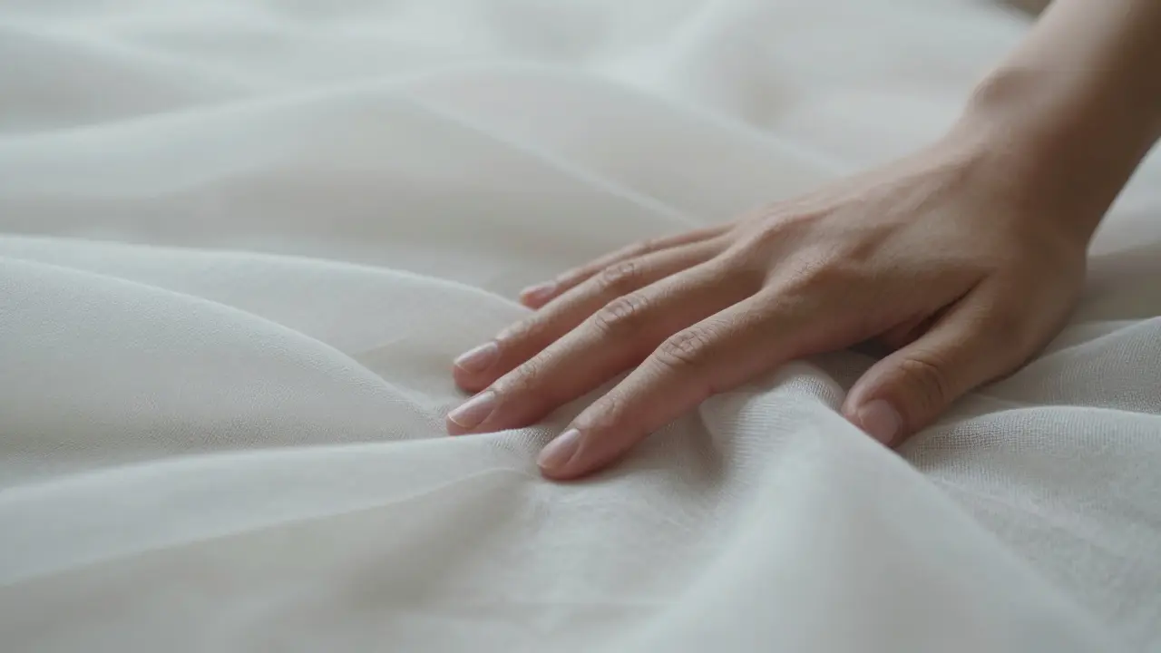 Detail rukou maséra jemně přikládejících bílou prosvícenou látku na tělo.