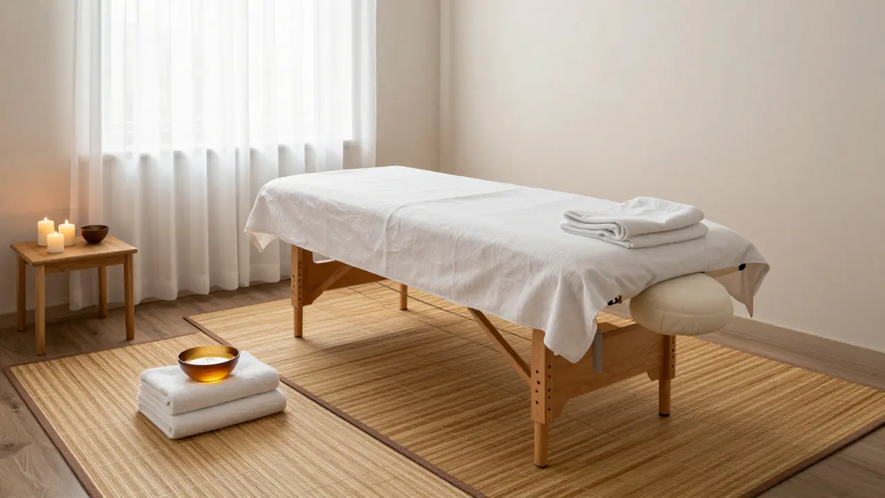 Klidná a profesionálně vybavená místnost pro wellness masáže.