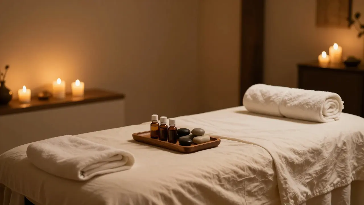 Klidně zařízený terapeutický prostor s masážním stolem, svíčemi a esenciálními oleji.
