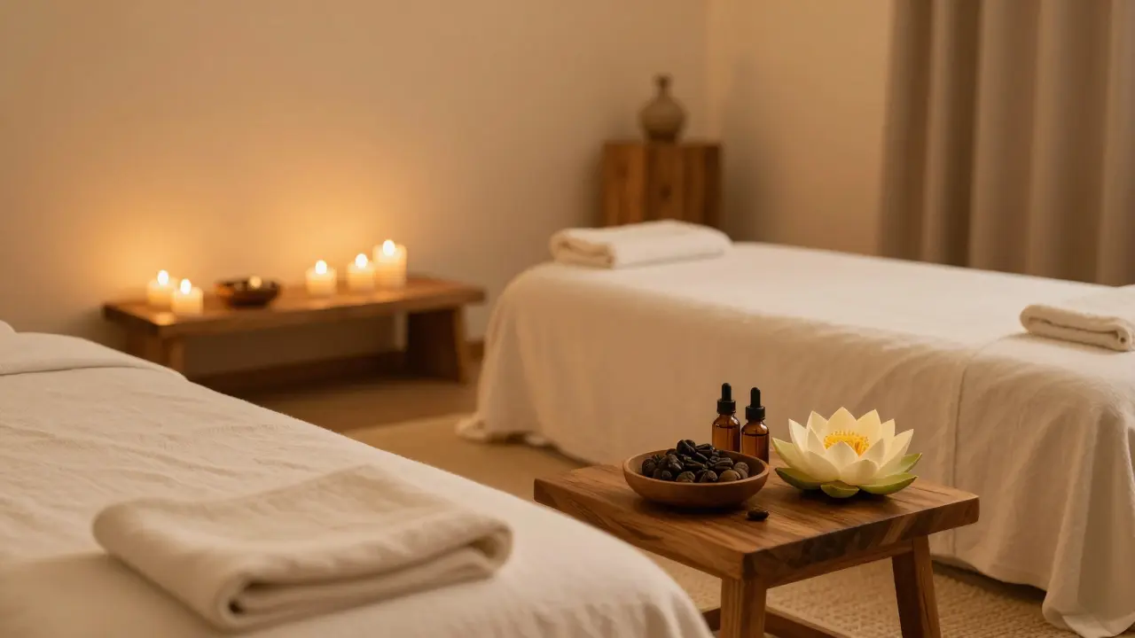 Klidný interiér holistického centra s keramickými oleji a svíčkami.